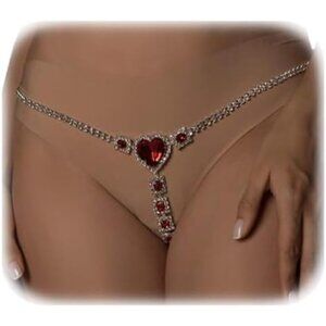 Sexy Red Rhinestone Panties Thong Crystal Heart Pendant Waist Belly Chain Bikini
